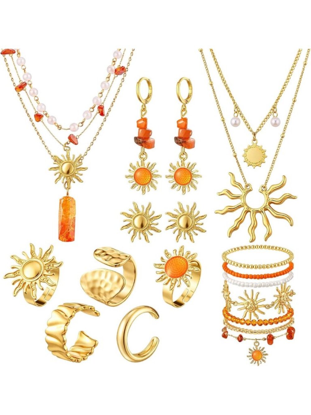 16 Pcs Gold Sun Jewelry Set - Sunburst Earrings & Rings for Women, Boho Chic
